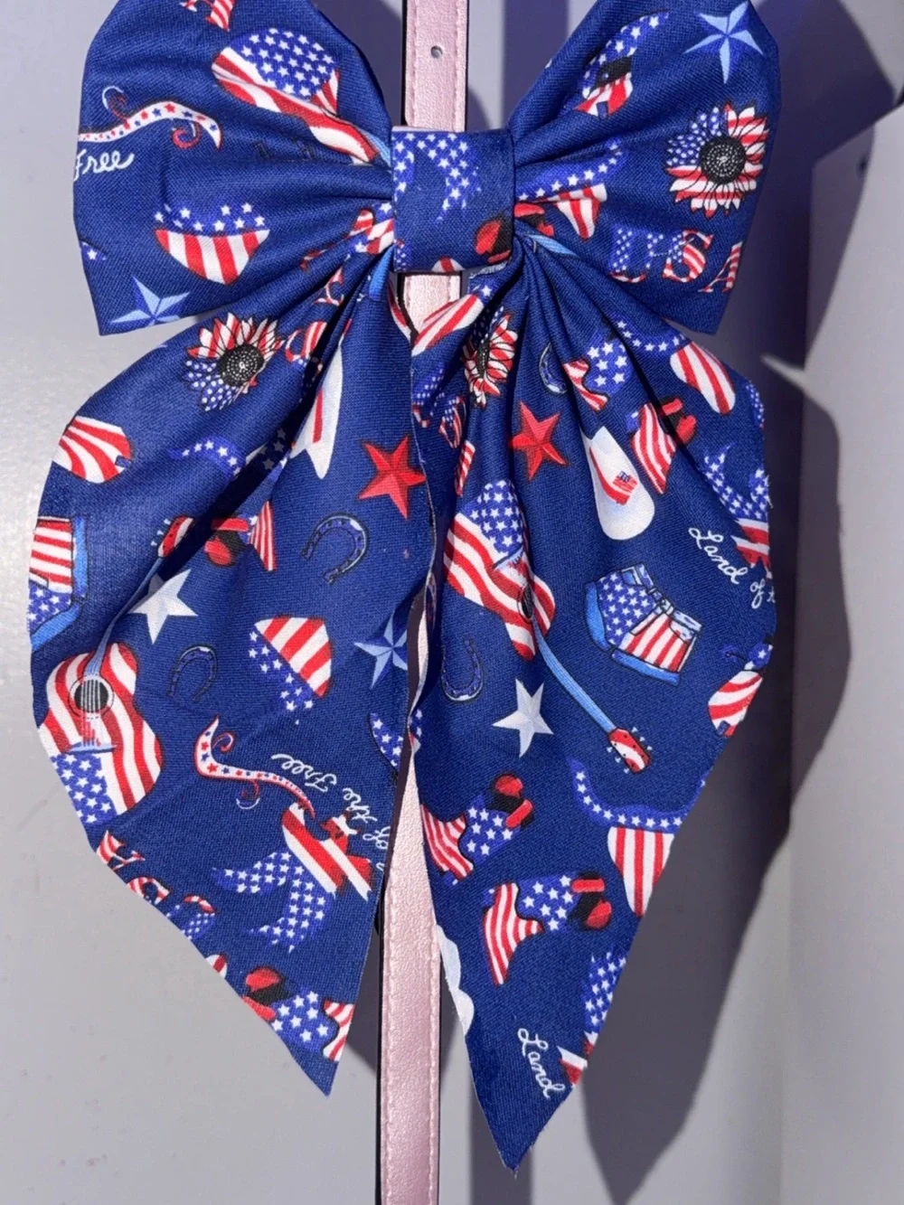 Patriotic Blue Star & Flag Hair Bow